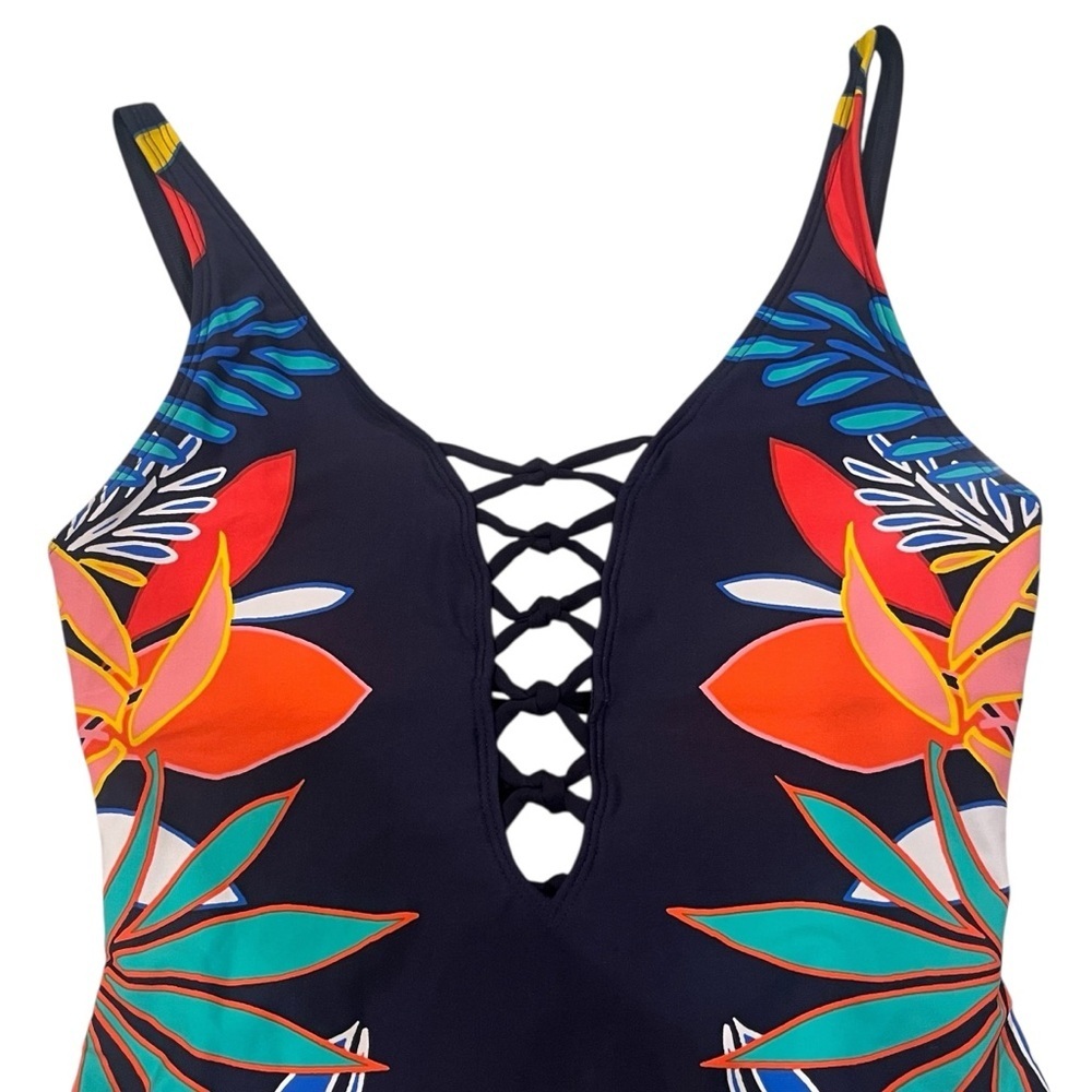 Women’s Bleu By Rod Beattie Navy Tropical Floral Lace Up Plunging Swimsuit — 6 - Picture 6 of 11